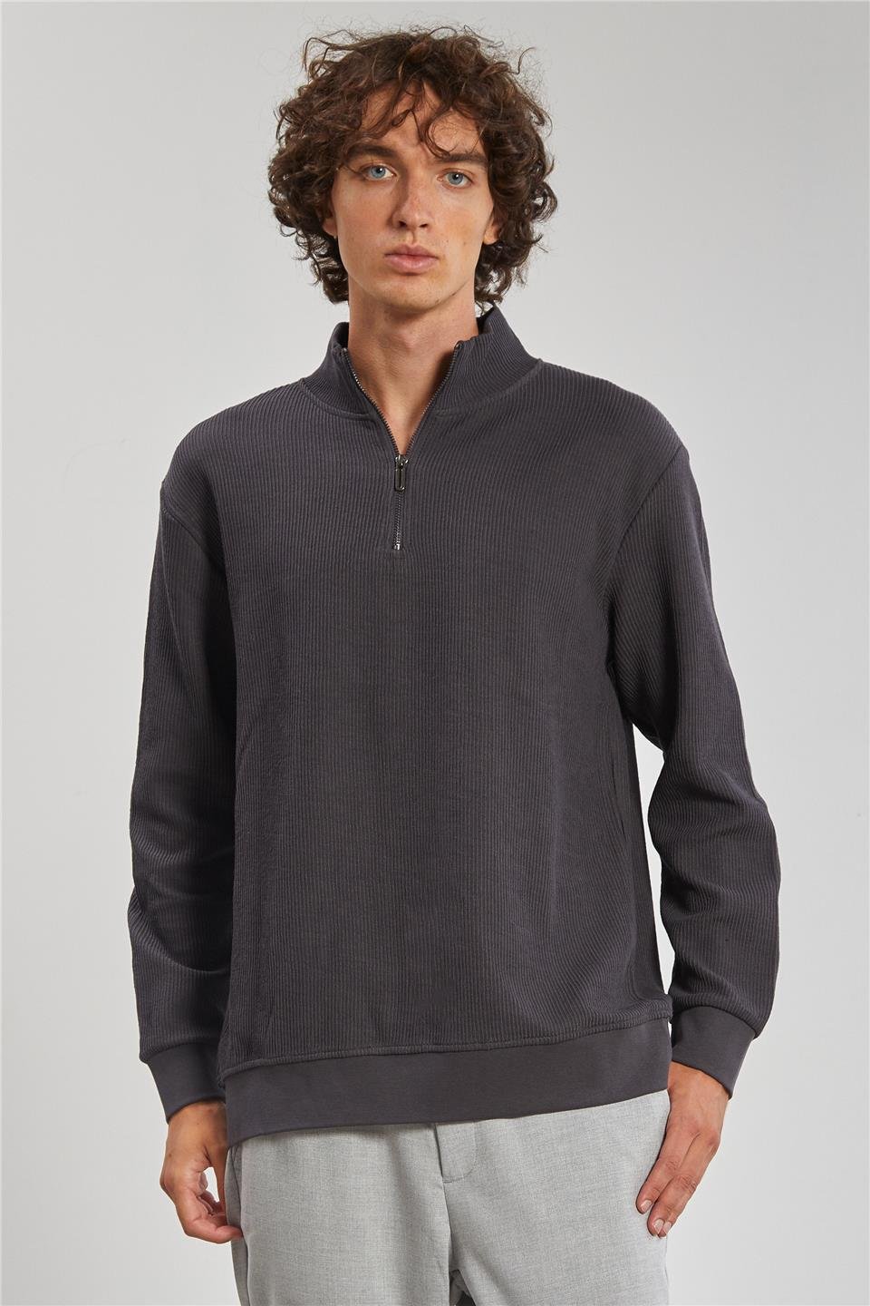 Dik Yaka Yarım Fermuarlı Erkek Sweat - Antrasit