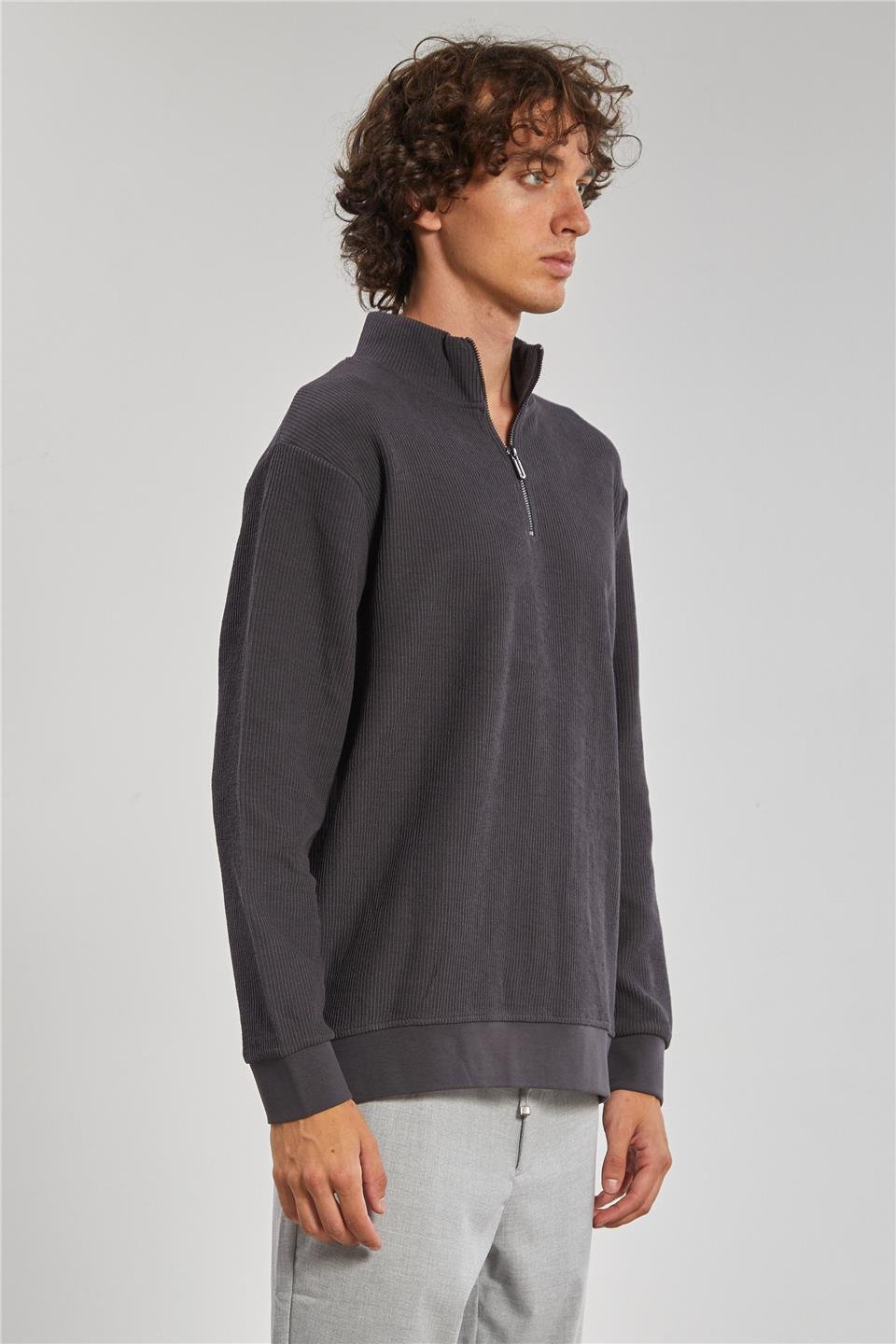 Dik Yaka Yarım Fermuarlı Erkek Sweat - Antrasit