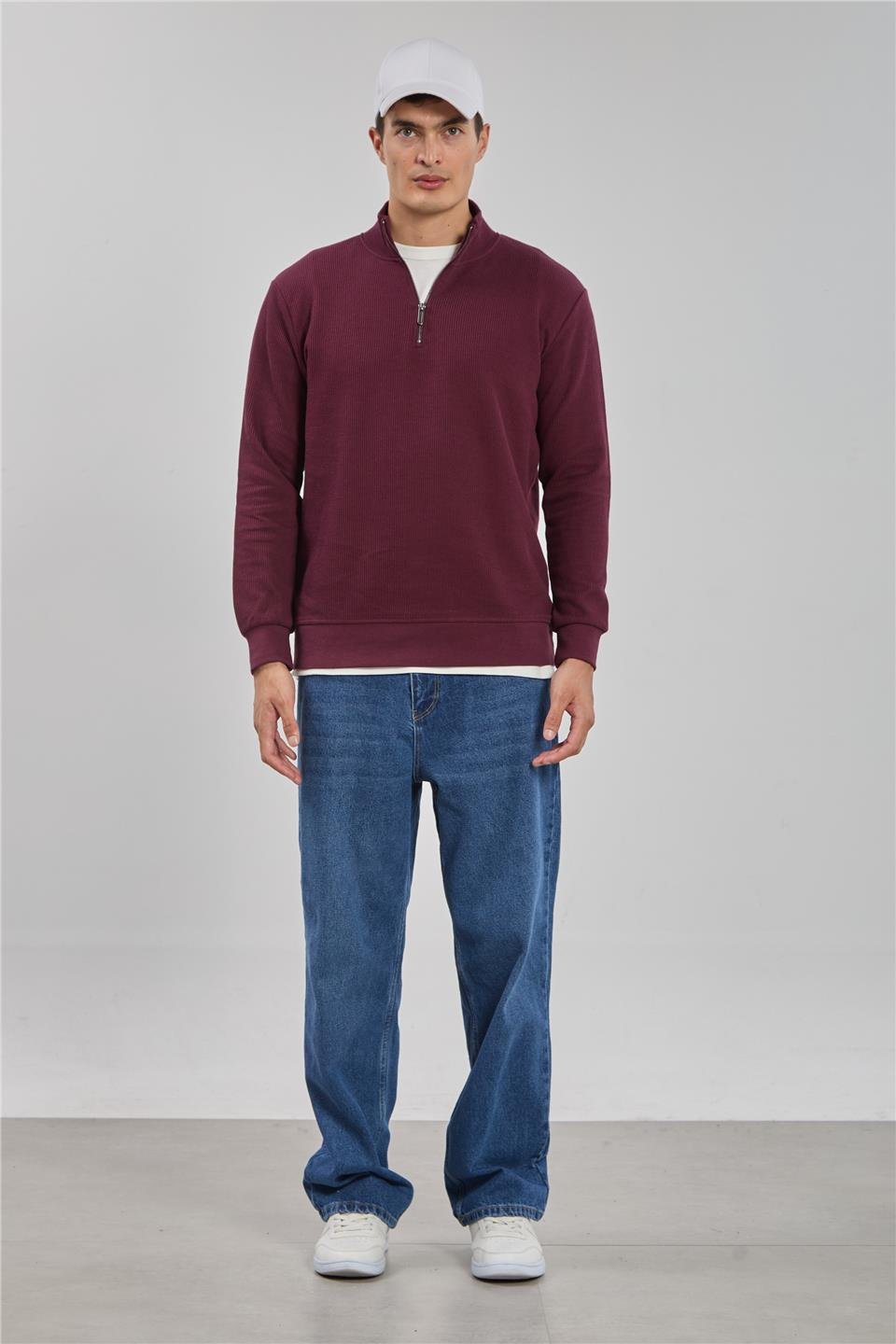 Dik yaka yarım fermuarlı sweat-5716-1 Vişne