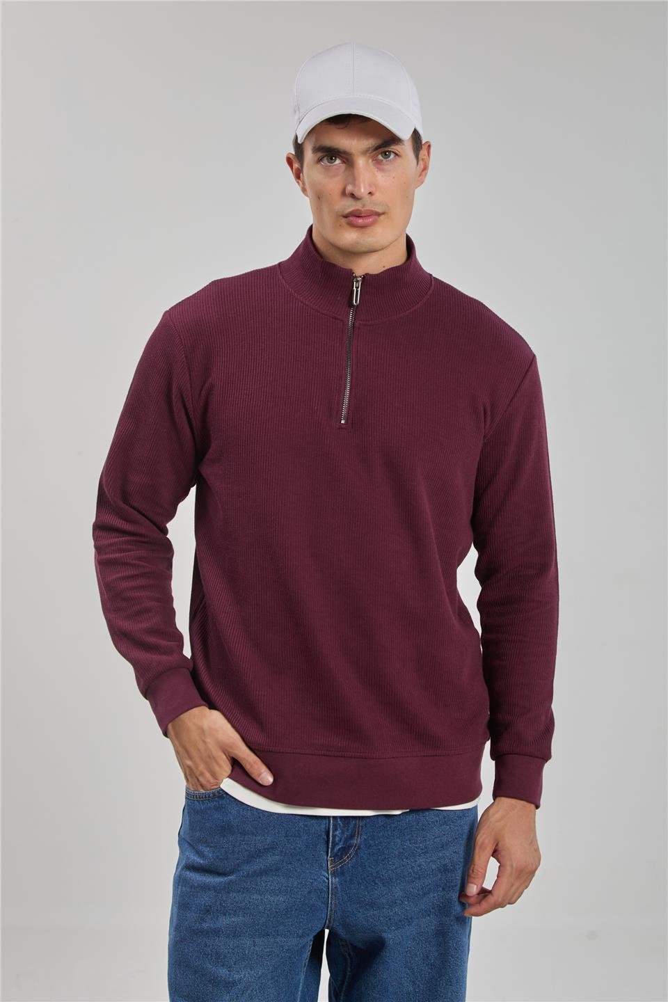Dik yaka yarım fermuarlı sweat-5716-1 Vişne