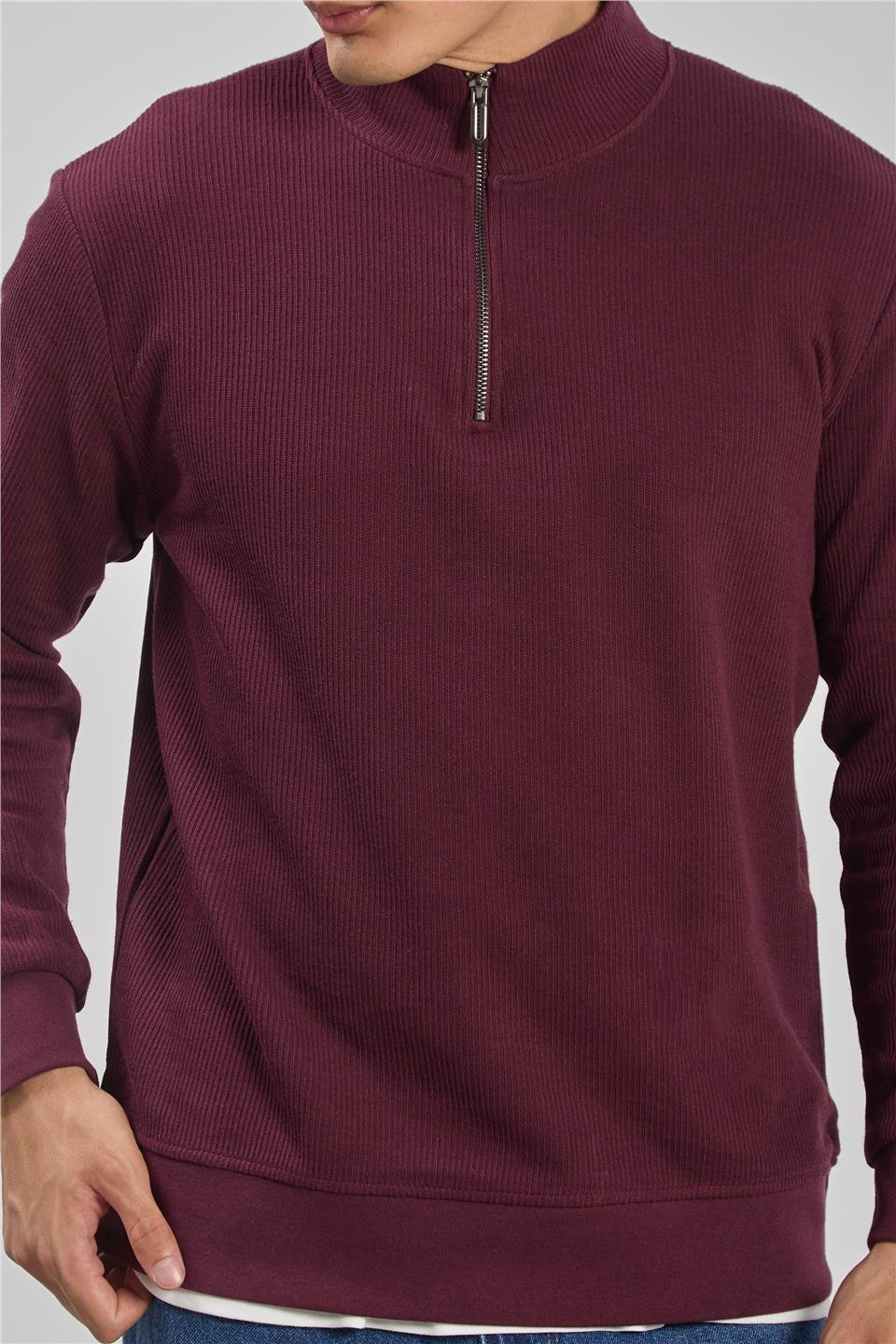 Dik yaka yarım fermuarlı sweat-5716-1 Vişne