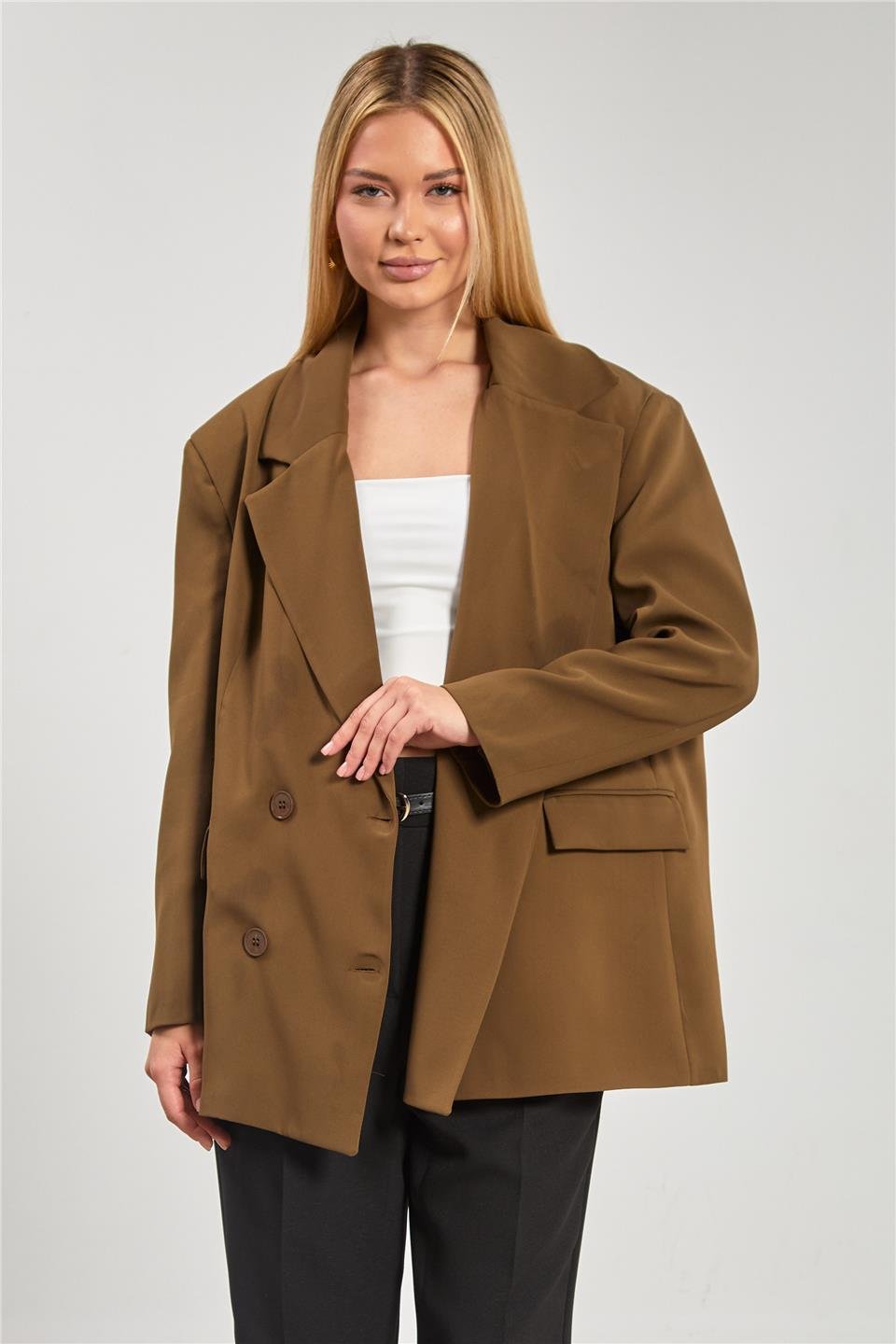 Dört düğmeli oversize blazer ceket-7436 Haki