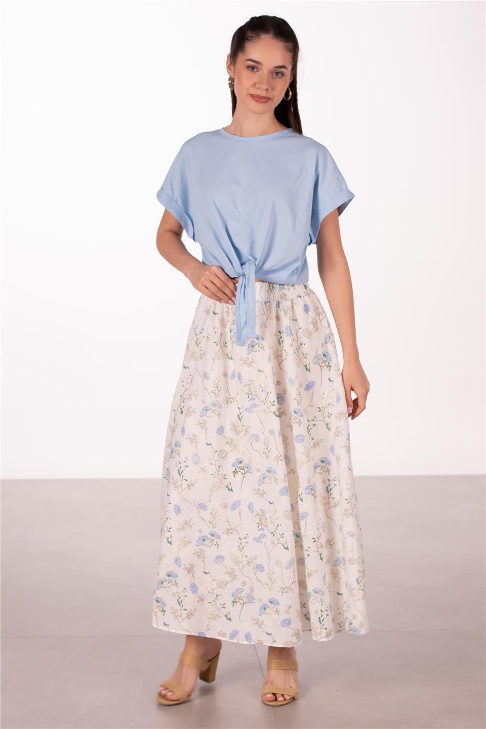 Double kol önü bağlamalı t-shirt-10303 Bebe Mavi