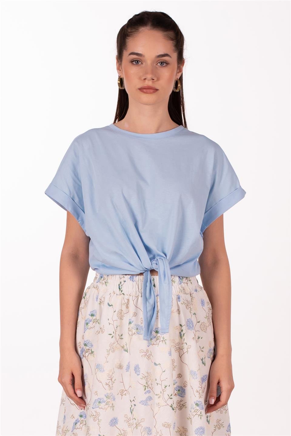 Double kol önü bağlamalı t-shirt-10303 Bebe Mavi