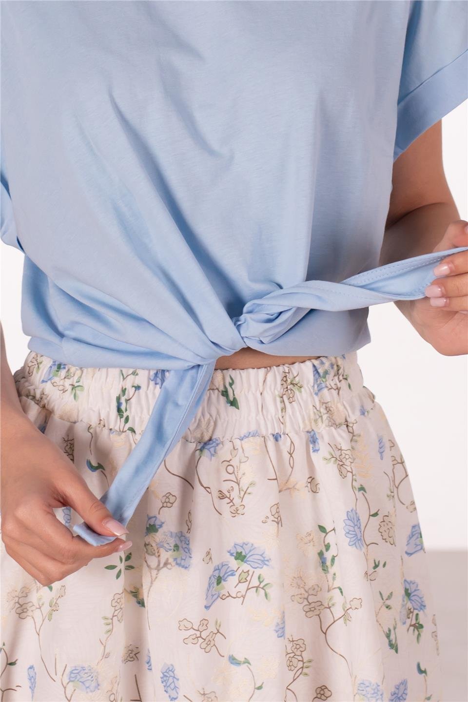 Double kol önü bağlamalı t-shirt-10303 Bebe Mavi