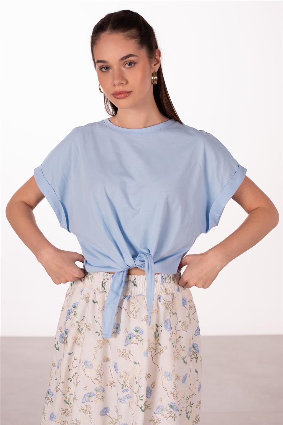 Double kol önü bağlamalı t-shirt-10303 Bebe Mavi