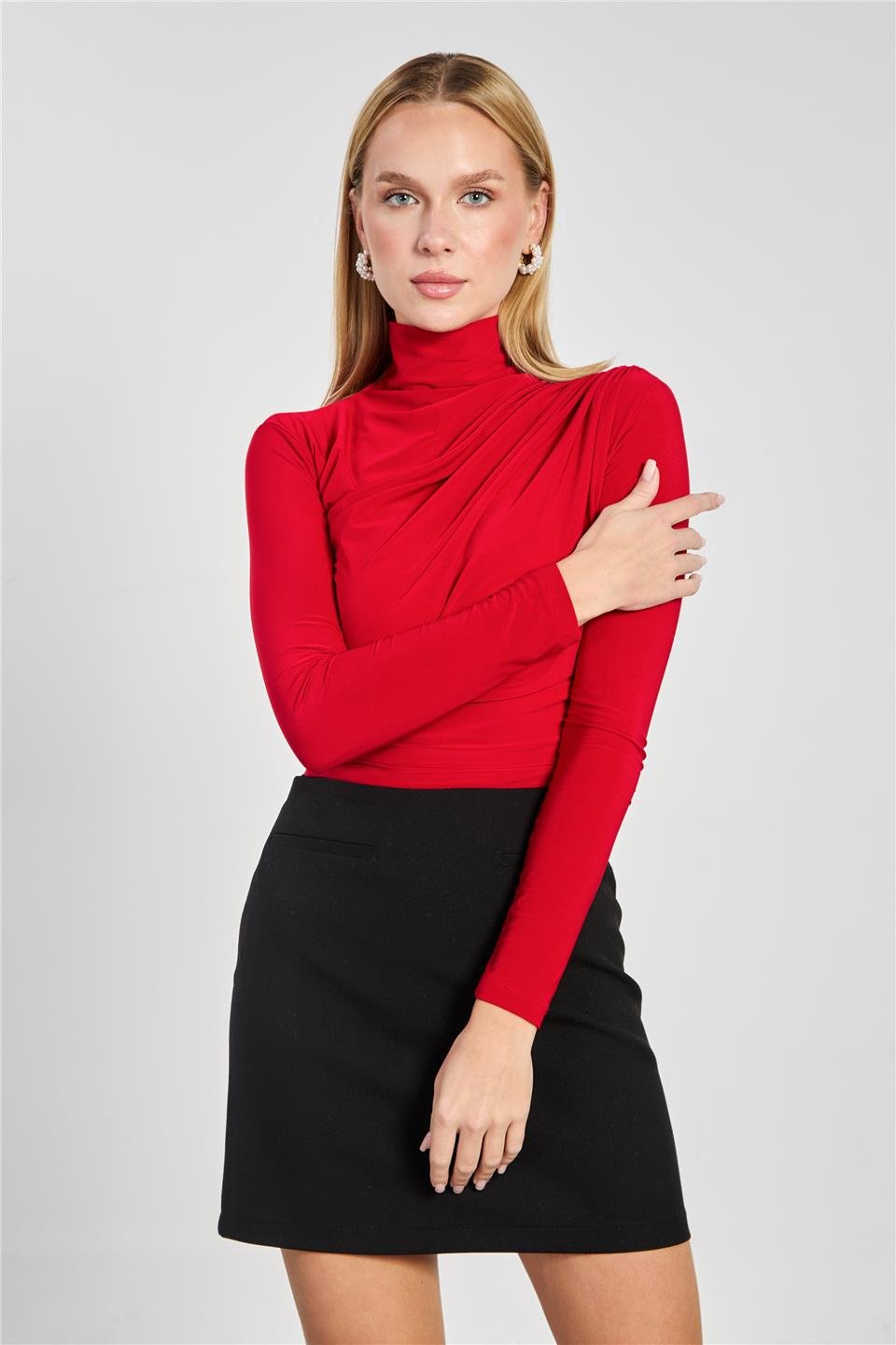 Drapeli uzun kollu bluz-9871 Kırmızı