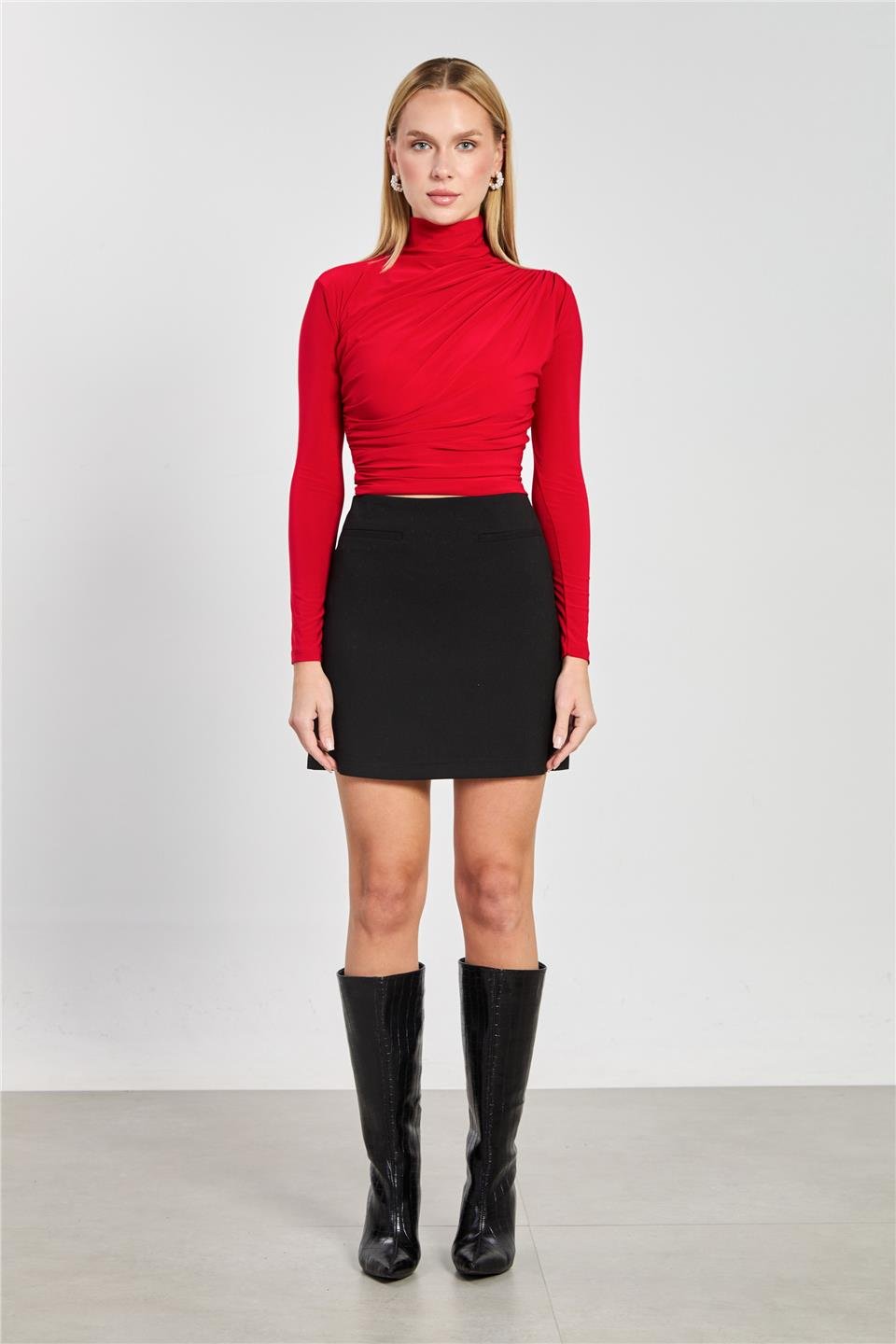 Drapeli uzun kollu bluz-9871 Kırmızı