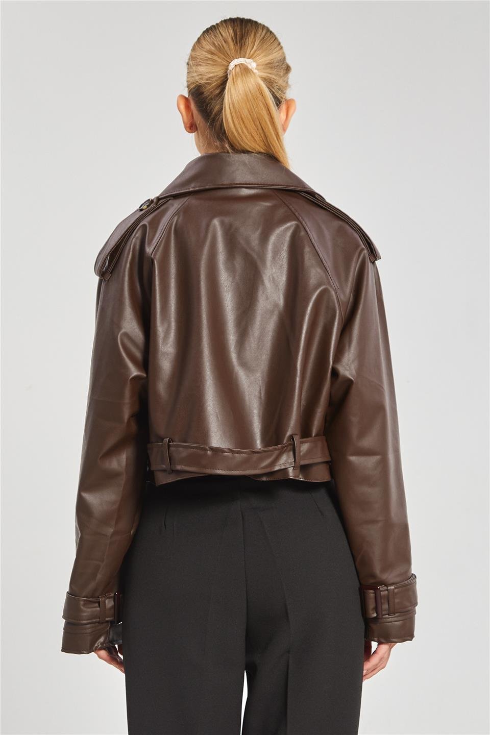 Düğmeli kısa deri ceket-2386 Acı Kahve