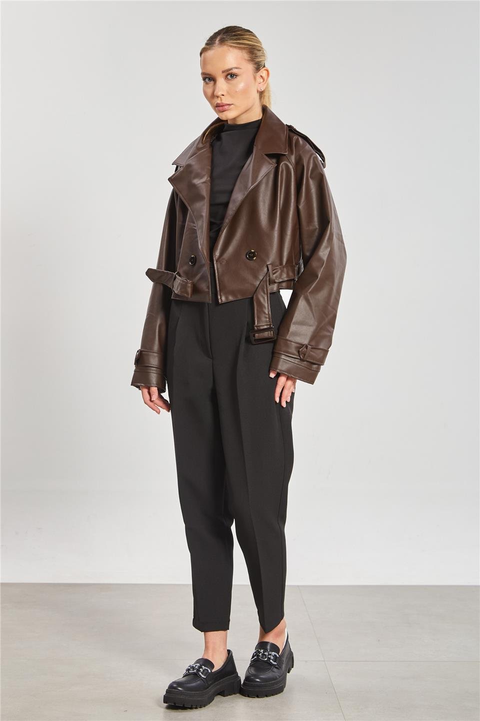 Düğmeli kısa deri ceket-2386 Acı Kahve