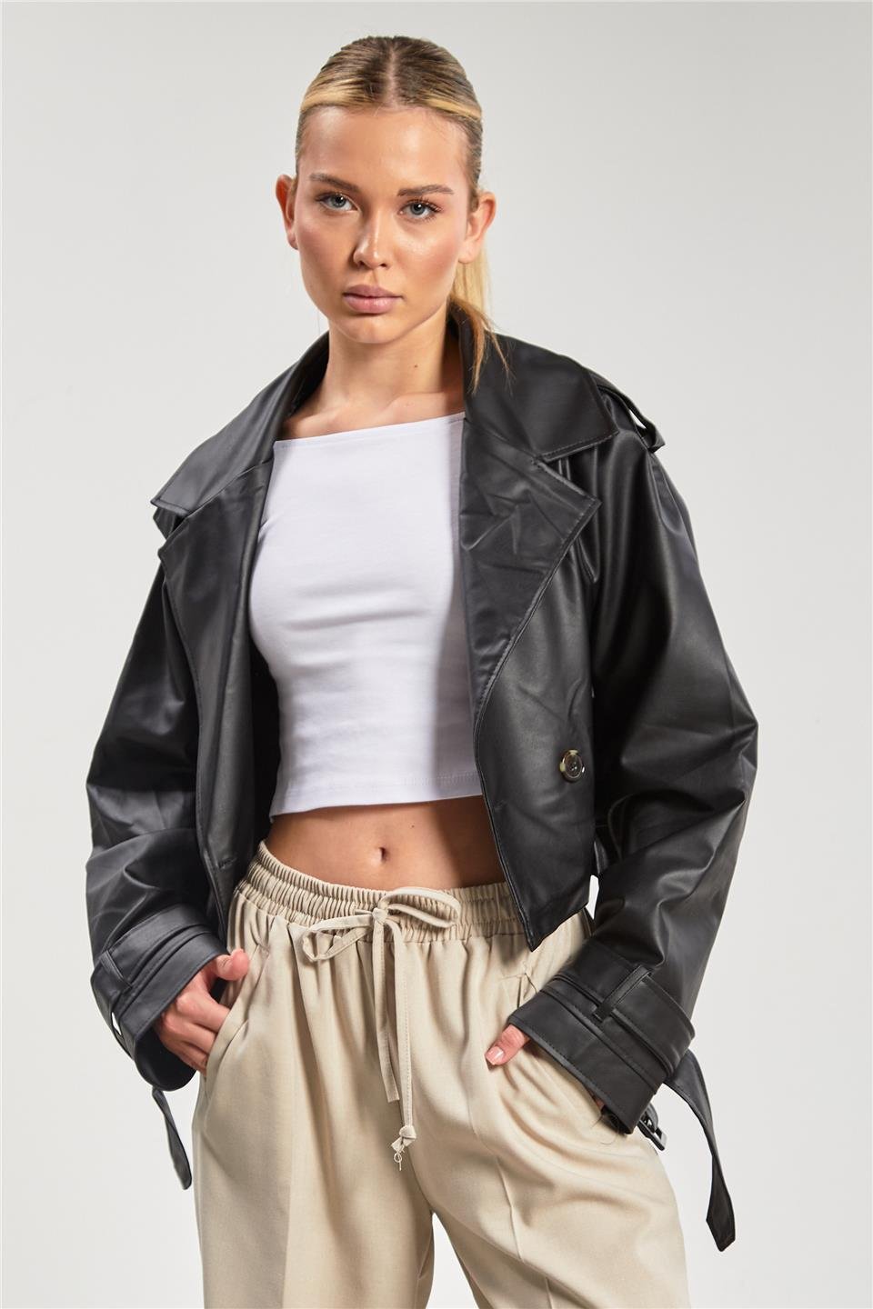 Düğmeli kısa deri ceket-2386 Siyah