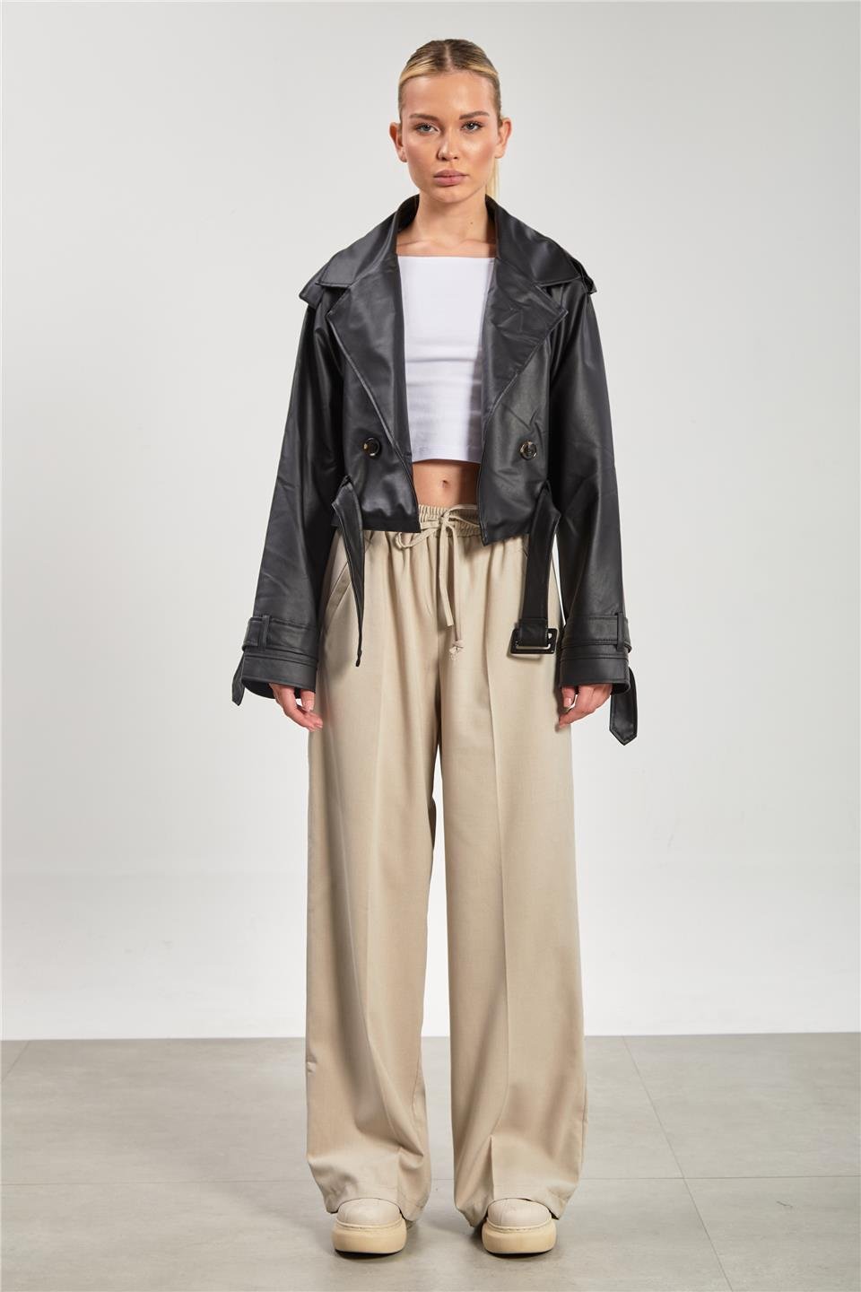 Düğmeli kısa deri ceket-2386 Siyah