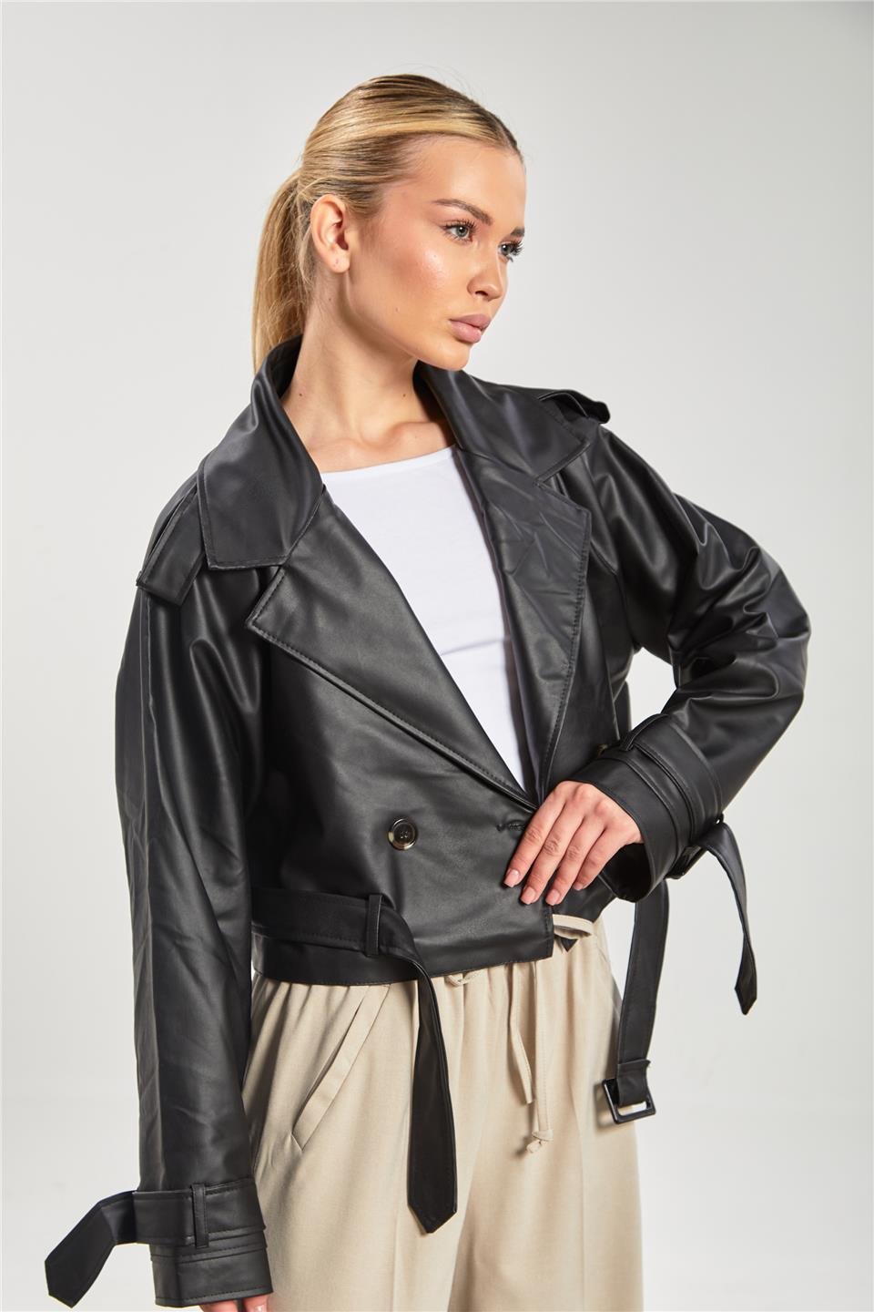 Düğmeli kısa deri ceket-2386 Siyah