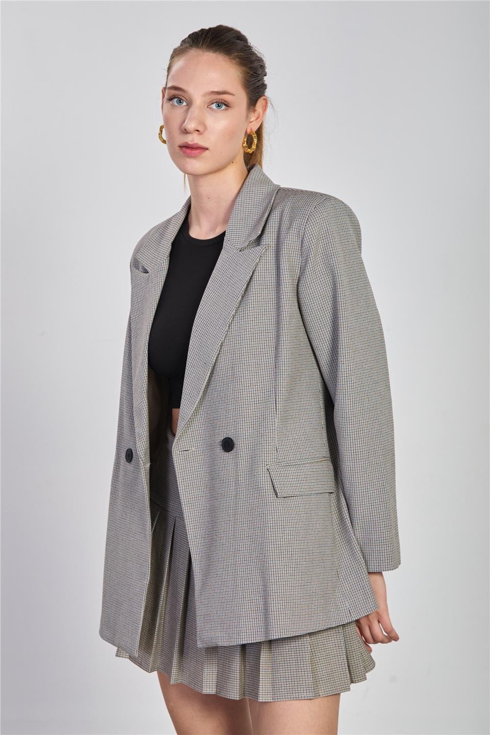 Ekose desenli blazer ceket-2495 Kahve