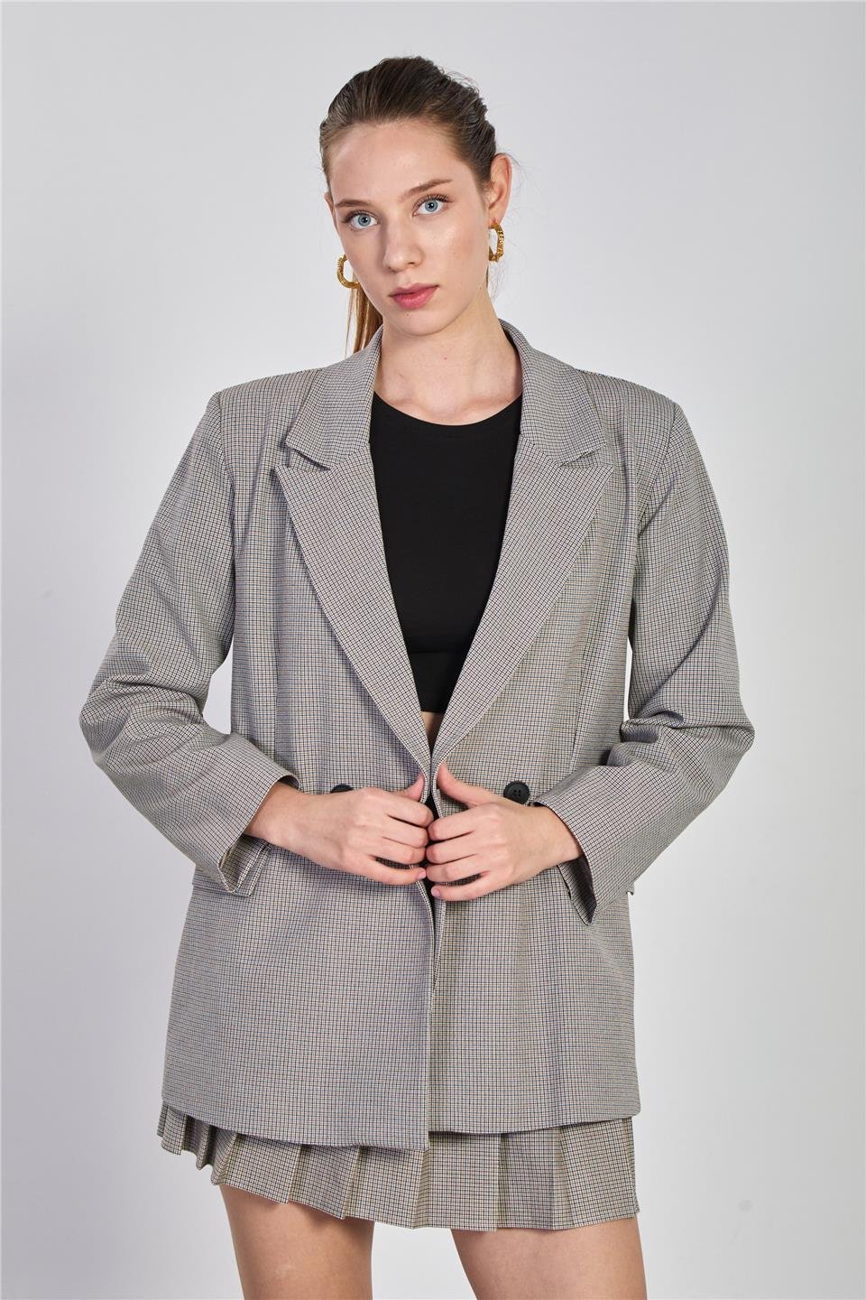 Ekose desenli blazer ceket-2495 Kahve