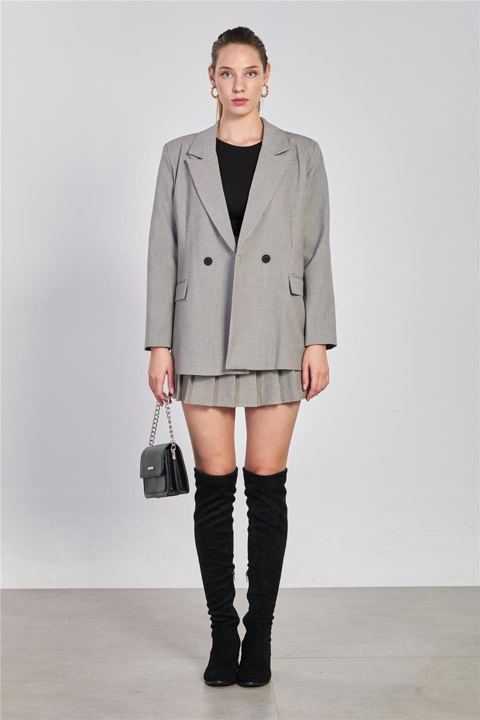 Ekose desenli blazer ceket-2495 Kahve