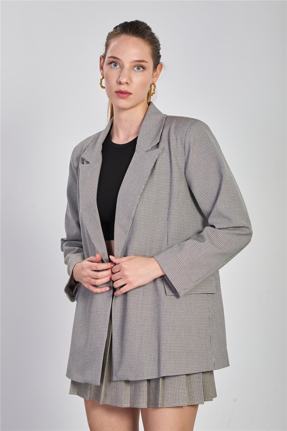 Ekose desenli blazer ceket-2495 Kahve