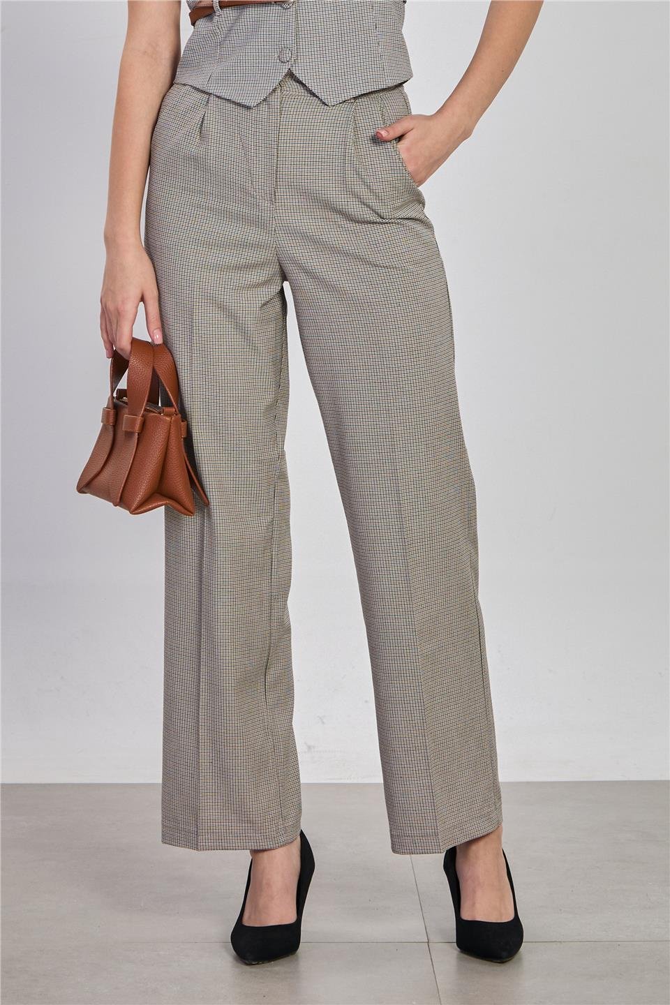 Ekose desenli kumaş pantolon-2480 Kahve