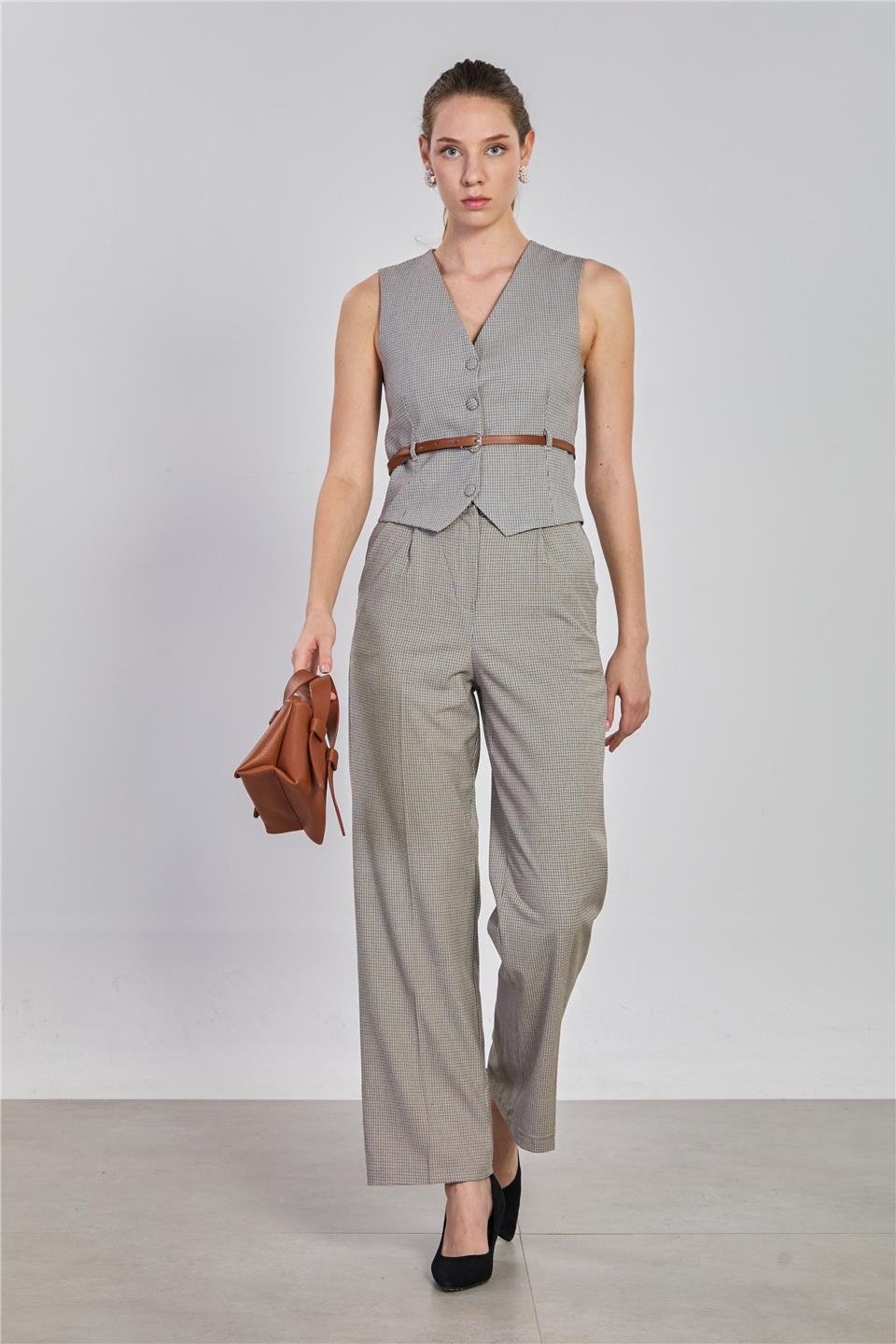 Ekose desenli kumaş pantolon-2480 Kahve