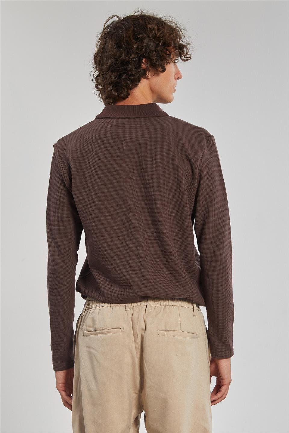 Erkek Polo Yaka Waffle Sweat - Acı Kahve