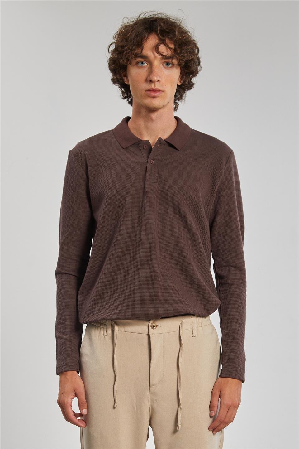 Erkek Polo Yaka Waffle Sweat - Acı Kahve