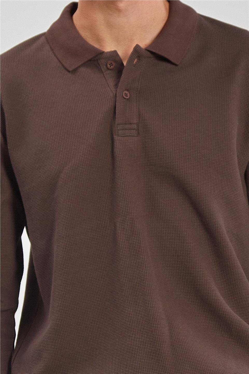 Erkek Polo Yaka Waffle Sweat - Acı Kahve