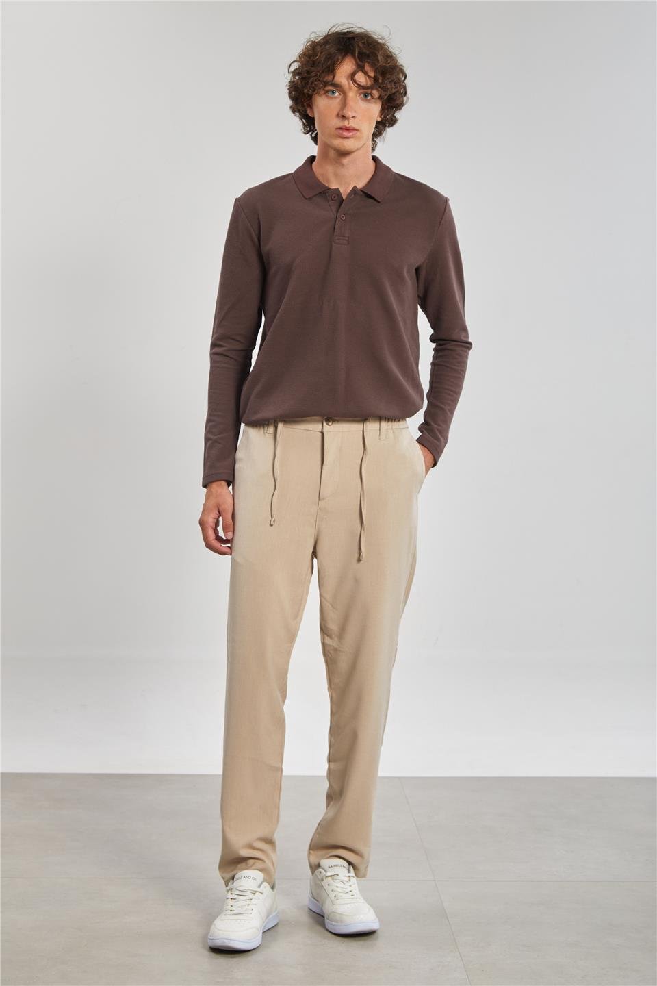 Erkek Polo Yaka Waffle Sweat - Acı Kahve