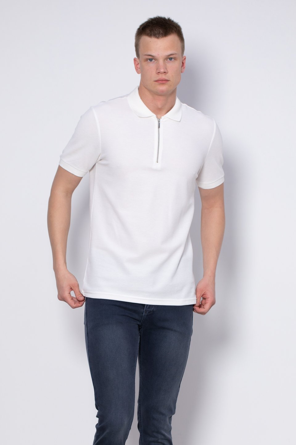 Fermuarlı Polo Yaka T-Shirt - Ekru