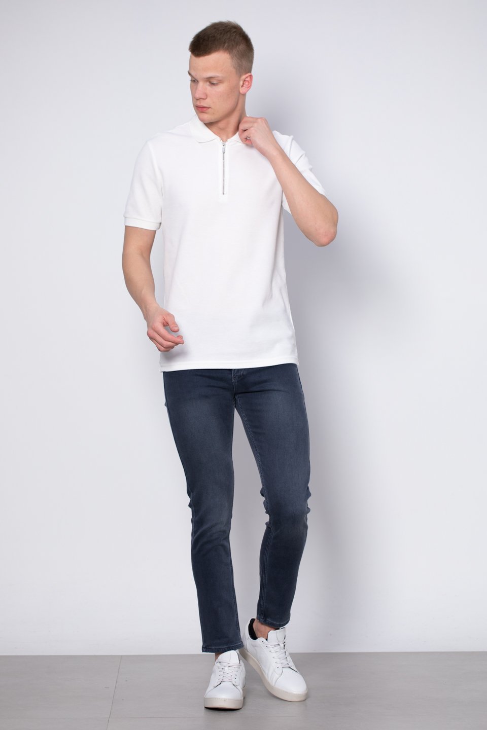 Fermuarlı Polo Yaka T-Shirt - Ekru