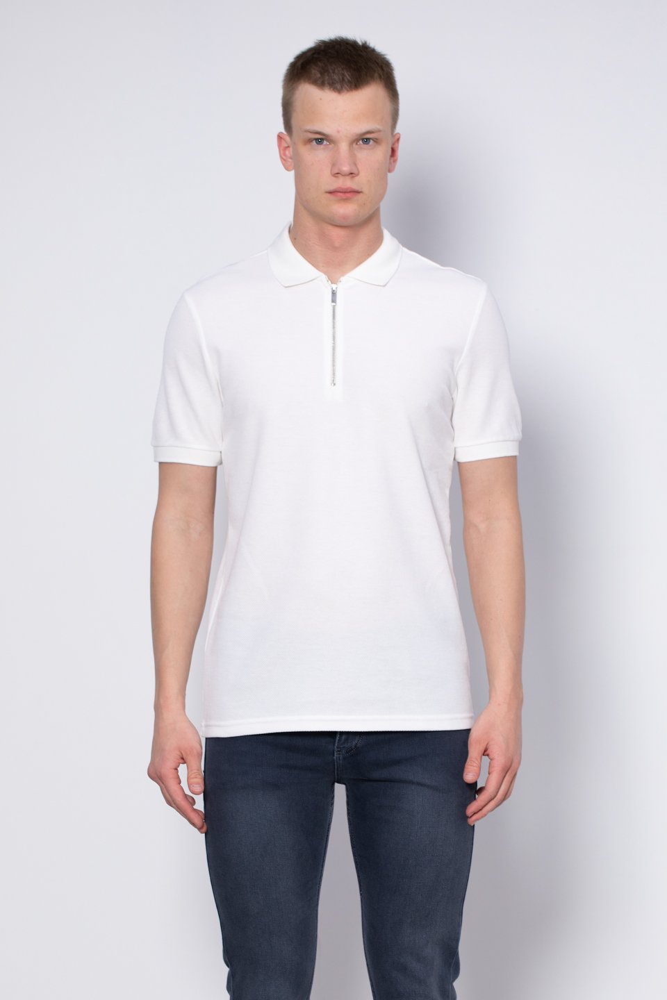 Fermuarlı Polo Yaka T-Shirt - Ekru