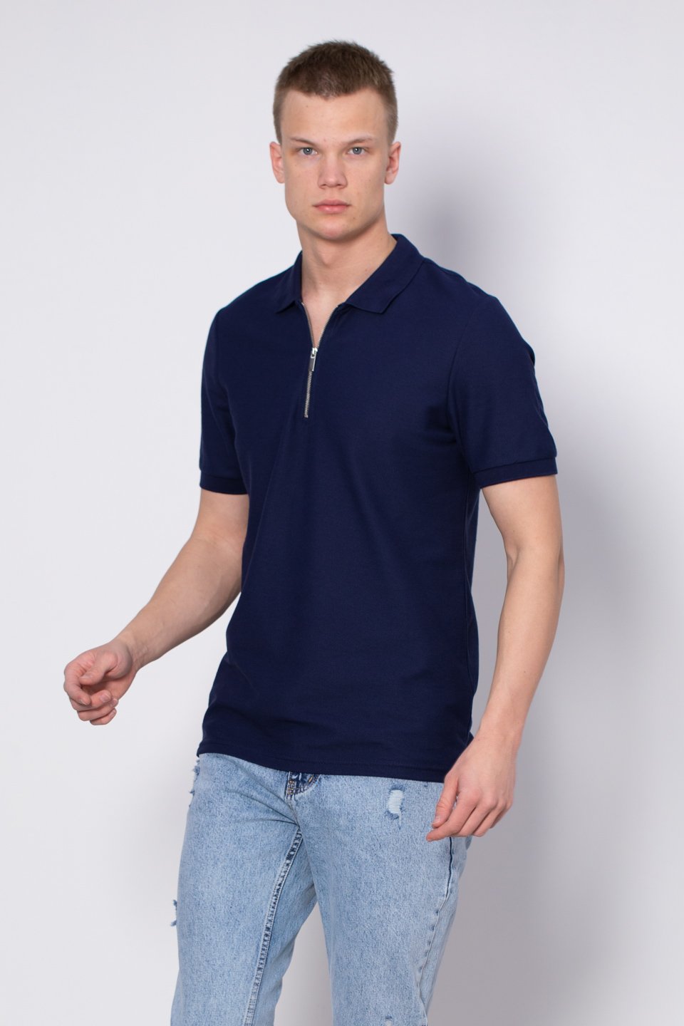 Fermuarlı Polo Yaka T-Shirt - İndigo