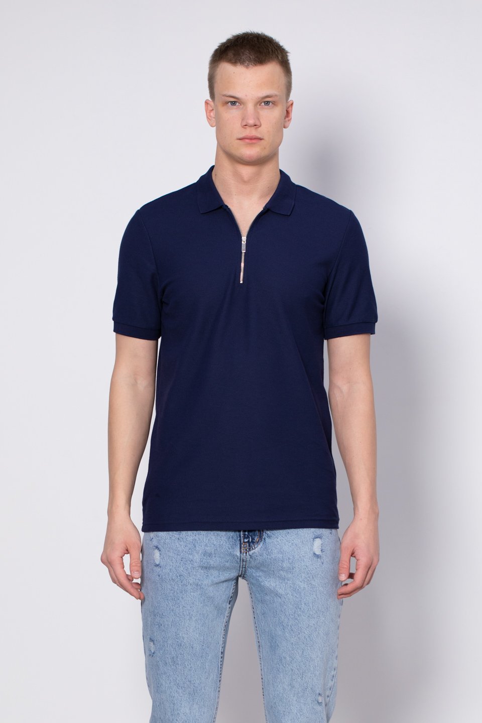 Fermuarlı Polo Yaka T-Shirt - İndigo