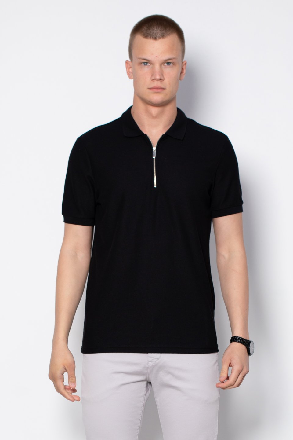 Fermuarlı Polo Yaka T-Shirt - Siyah