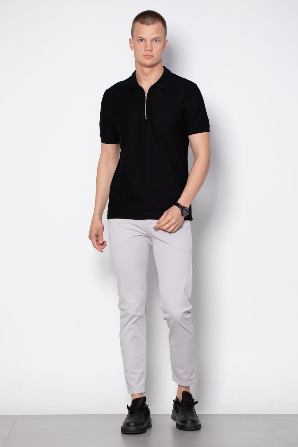 Fermuarlı Polo Yaka T-Shirt - Siyah