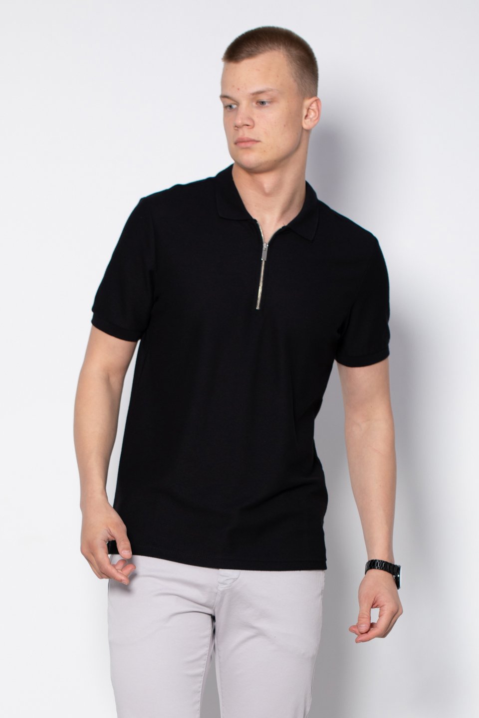 Fermuarlı Polo Yaka T-Shirt - Siyah