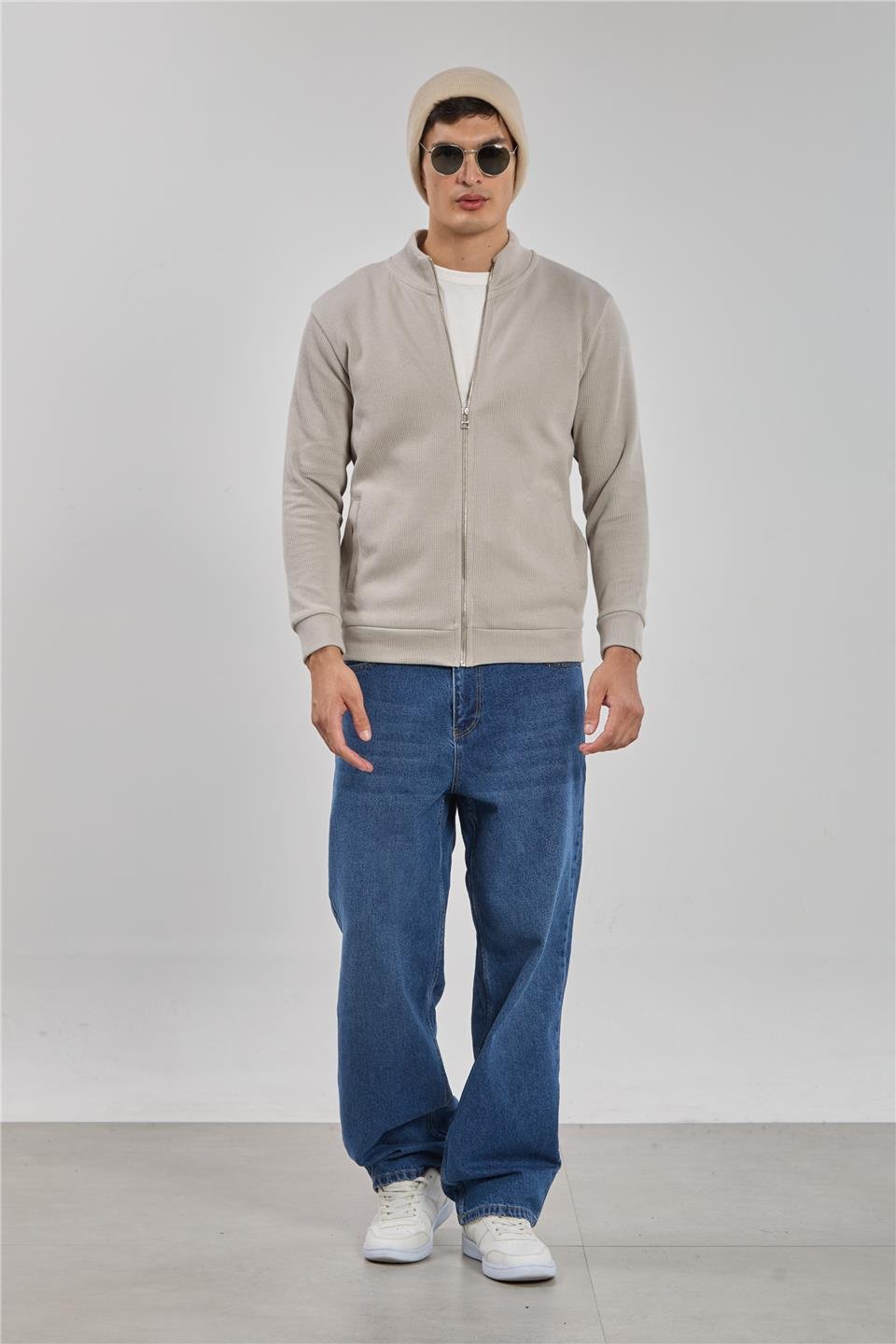 Fermuarlı selanik sweatshirt-1075 Kum Gri