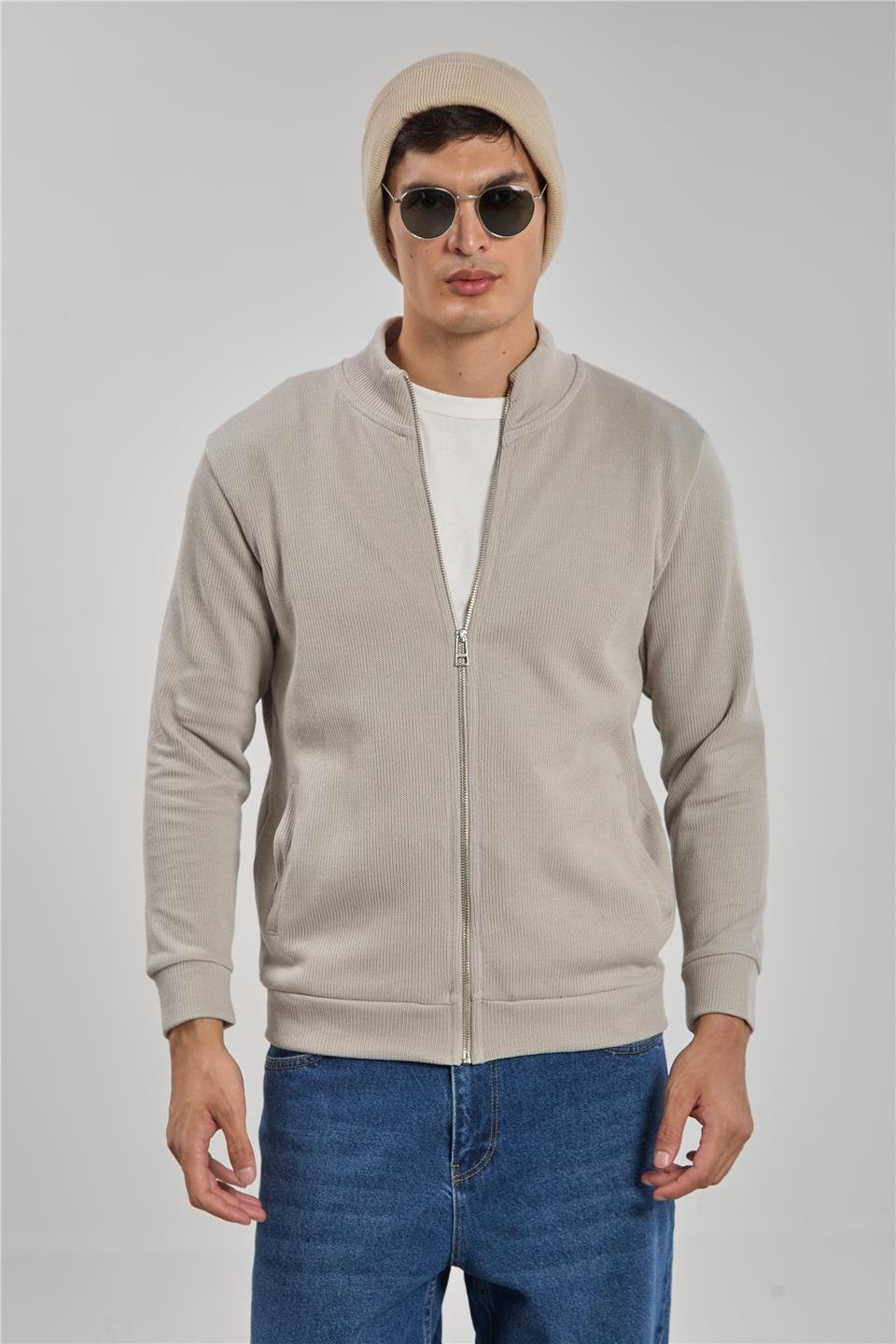 Fermuarlı selanik sweatshirt-1075 Kum Gri