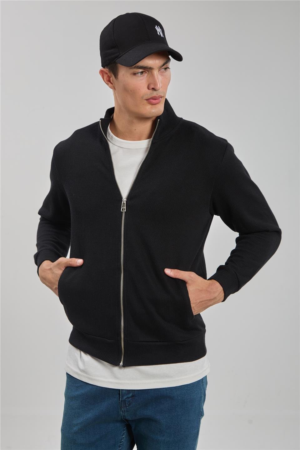 Fermuarlı selanik sweatshirt-1075 Siyah