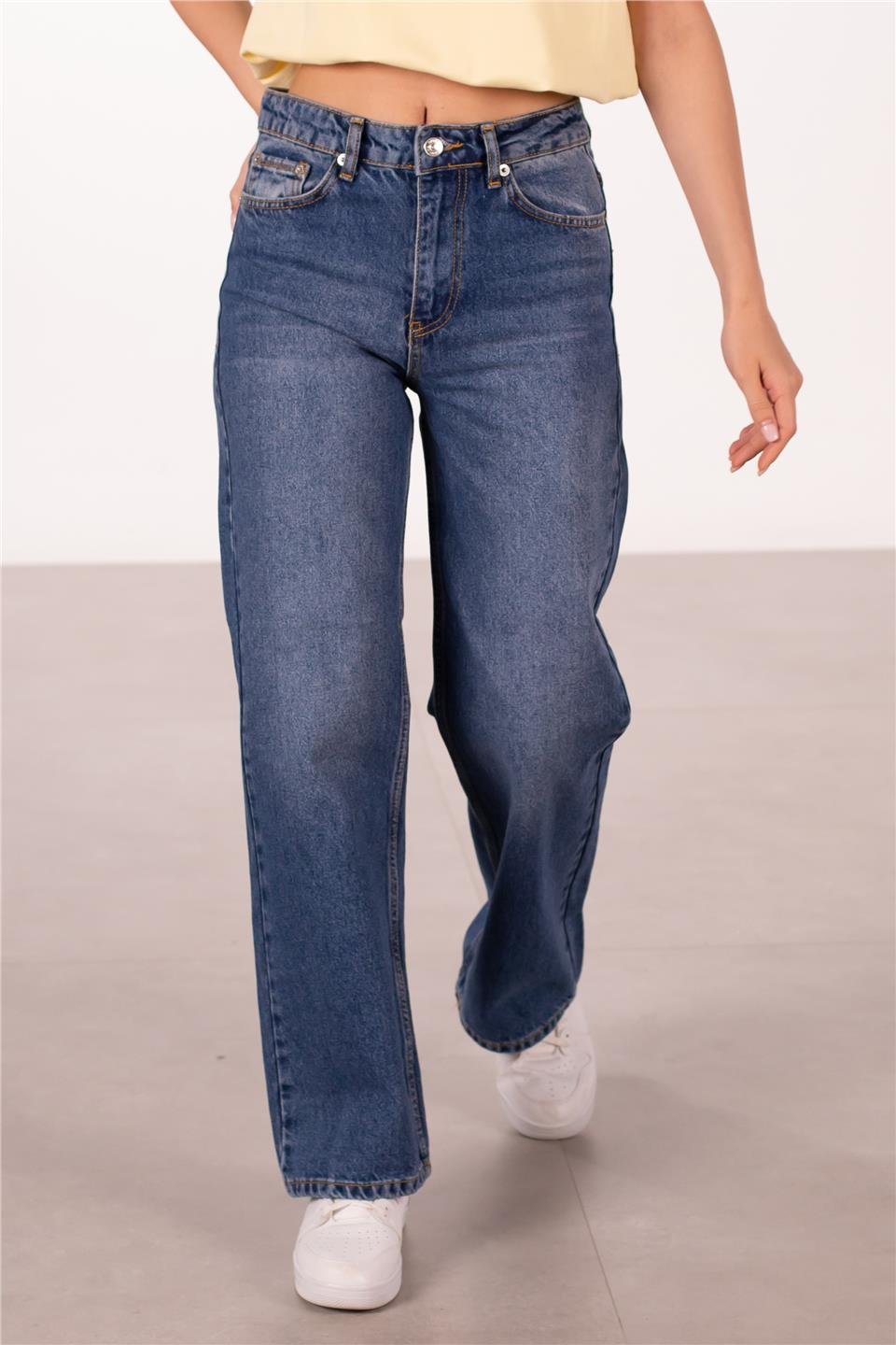 Geniş paça jean pantolon-7000 Orta Mavi