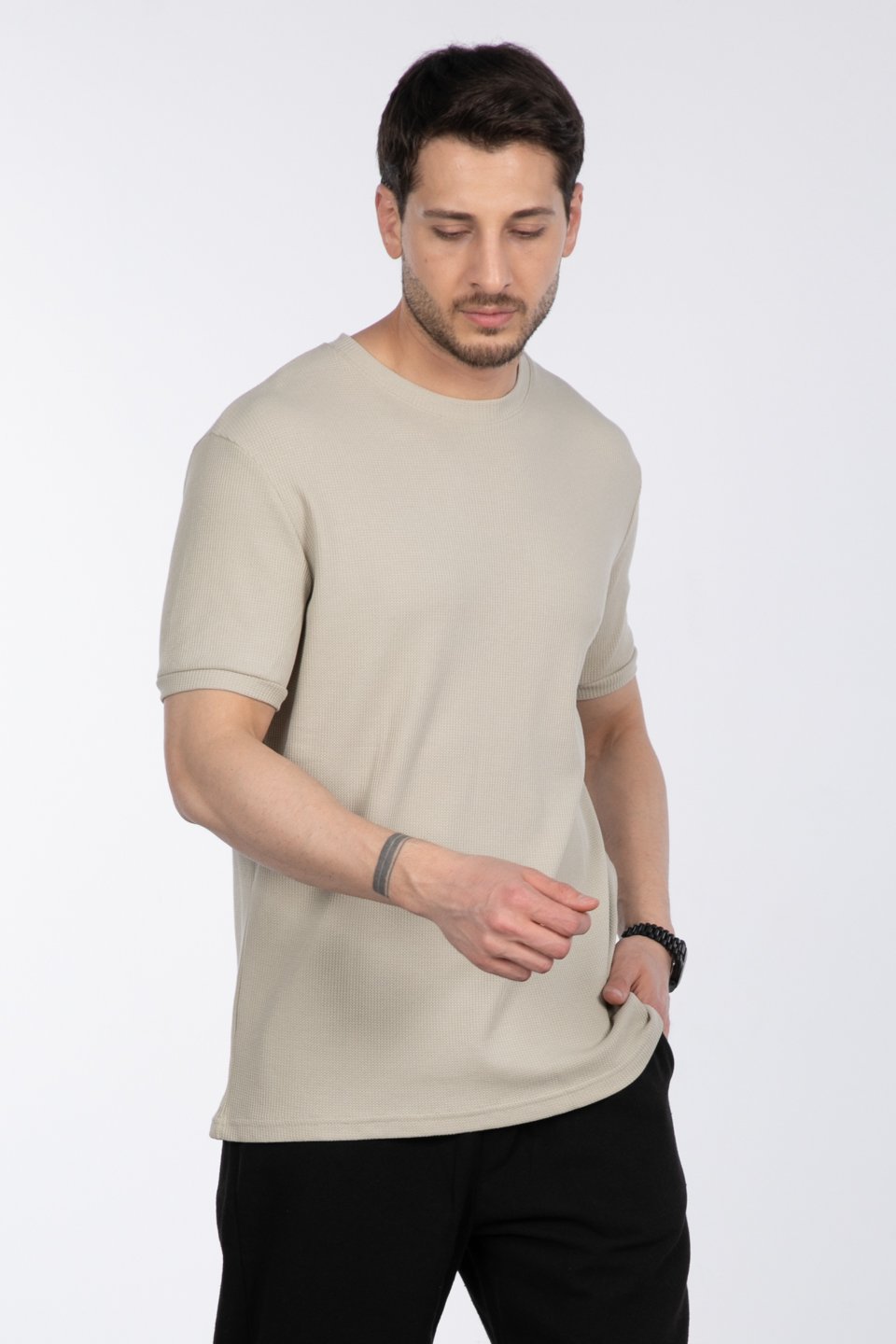 Gipeli waffal basıc t-shirt-2709 Taş
