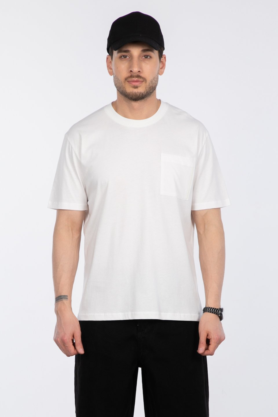 Göğüs cepli relax fit t-shirt-2271 Beyaz