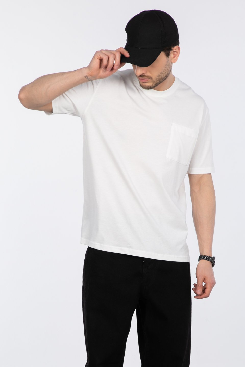 Göğüs cepli relax fit t-shirt-2271 Beyaz