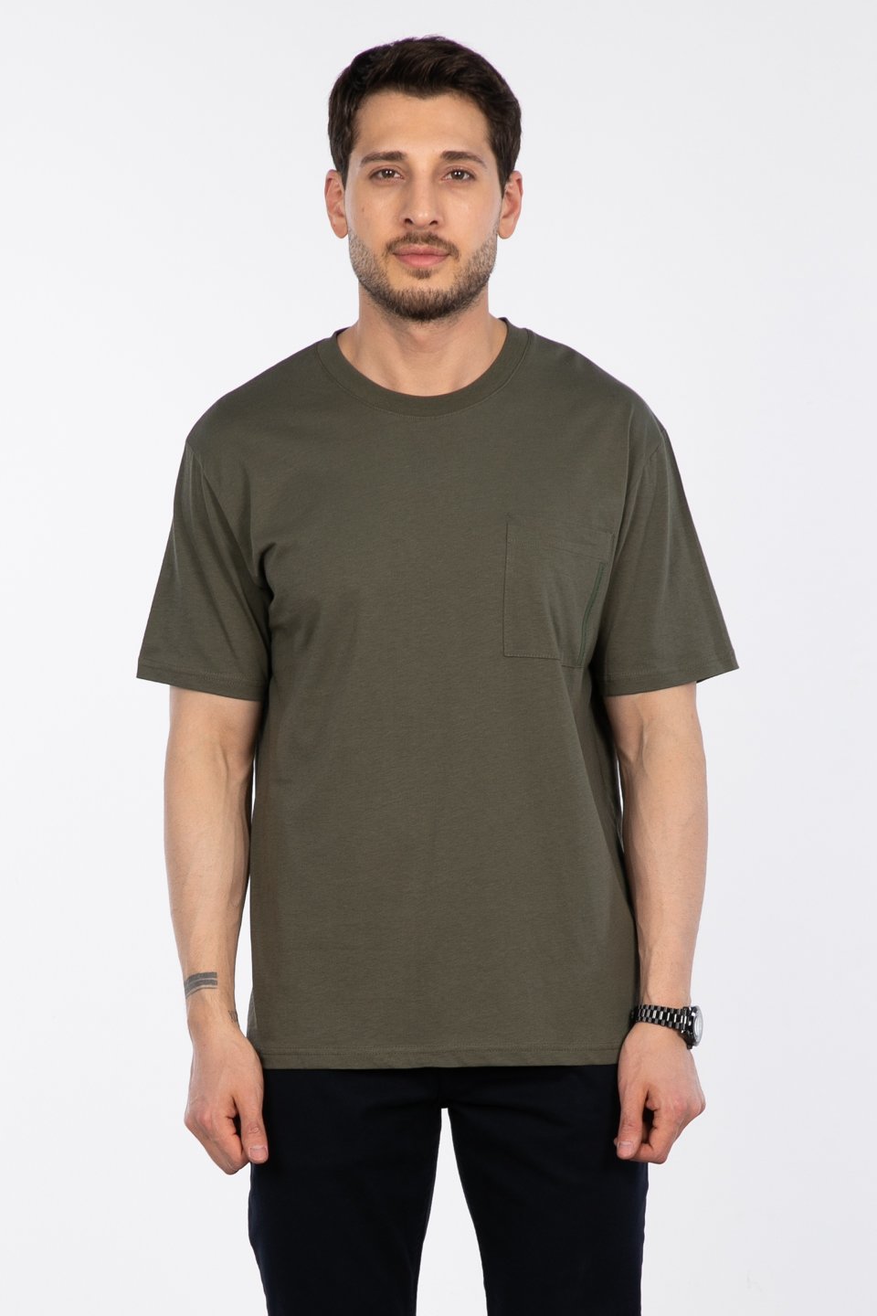 Göğüs cepli relax fit t-shirt-2271 Haki