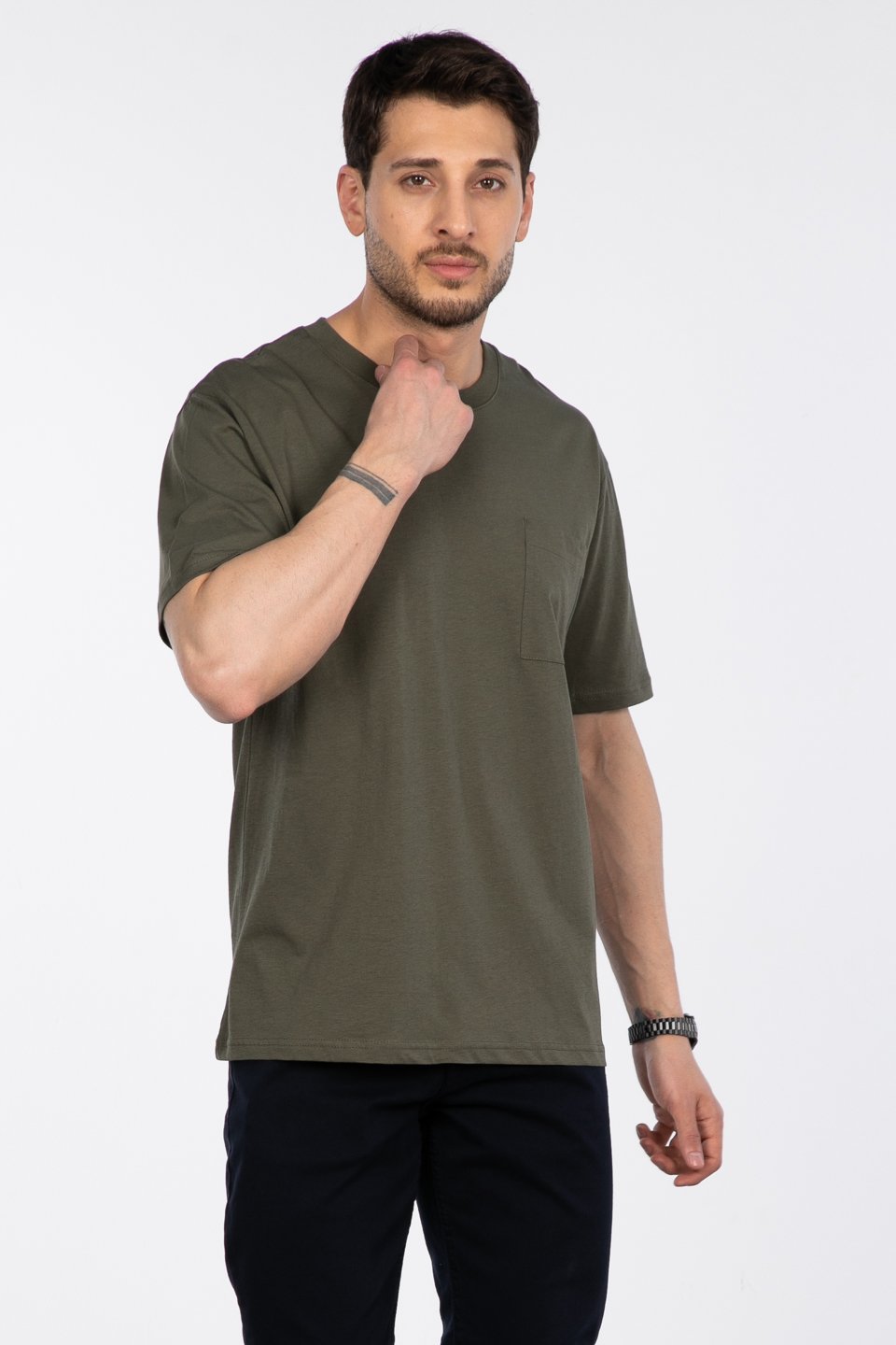 Göğüs cepli relax fit t-shirt-2271 Haki