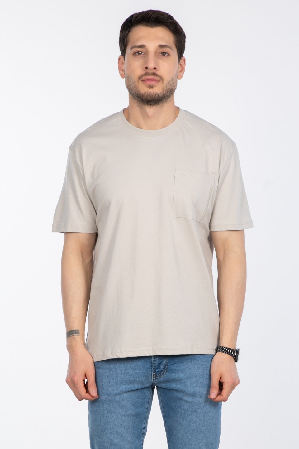 Göğüs cepli relax fit t-shirt-2271 Taş