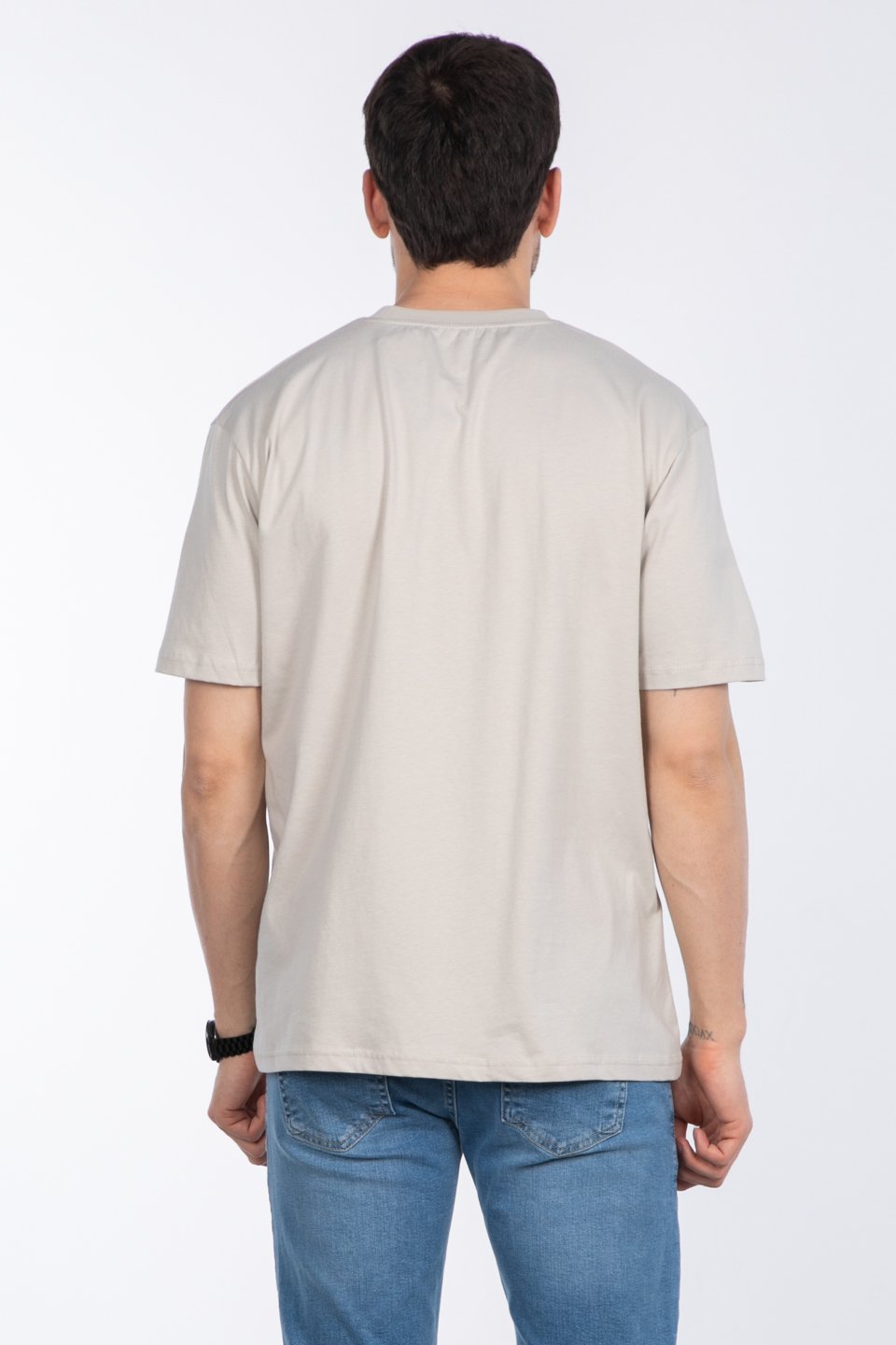 Göğüs cepli relax fit t-shirt-2271 Taş