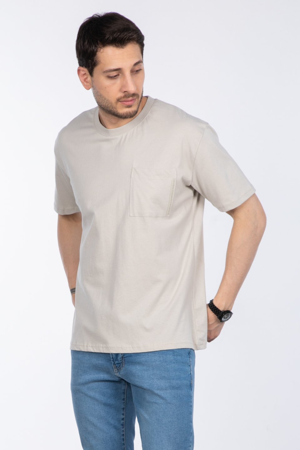 Göğüs cepli relax fit t-shirt-2271 Taş