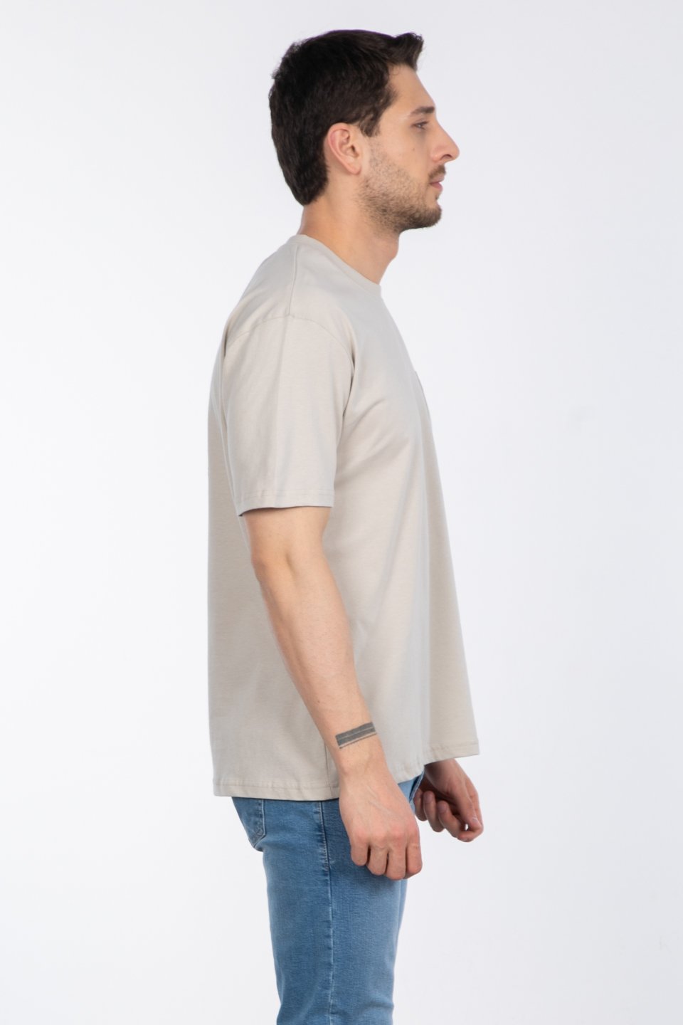Göğüs cepli relax fit t-shirt-2271 Taş