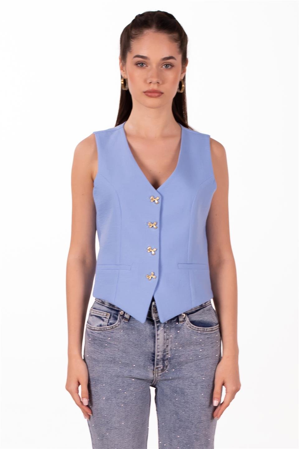 Gold düğmeli keten yelek-2402 Bebe Mavi