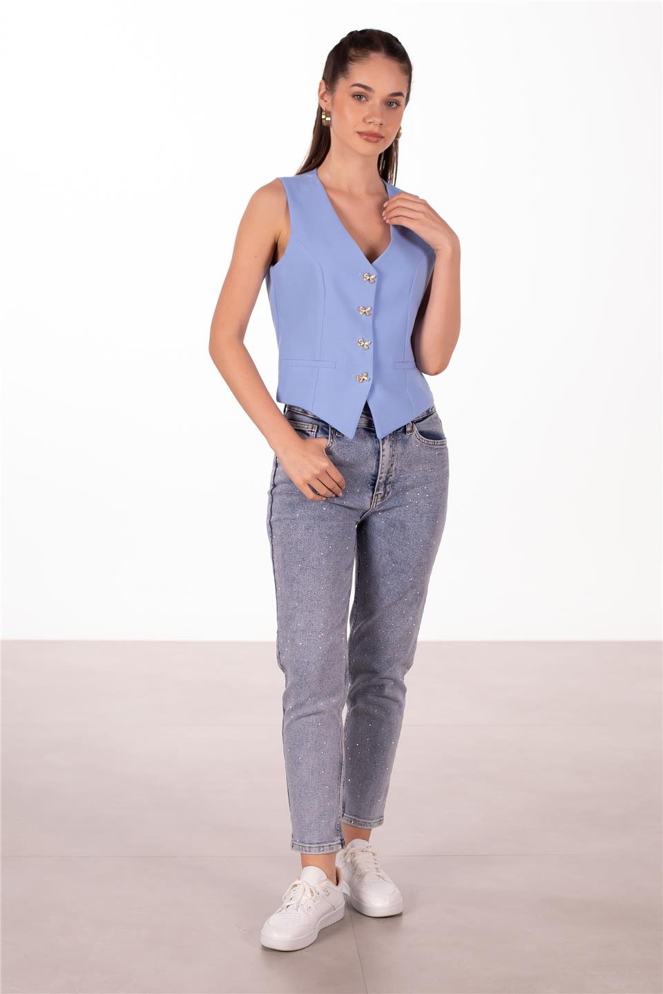 Gold düğmeli keten yelek-2402 Bebe Mavi